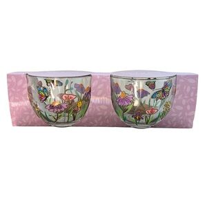 NWT Hand Painted Floral Butterflies 16.88oz Glass Tea Cups Set of 2